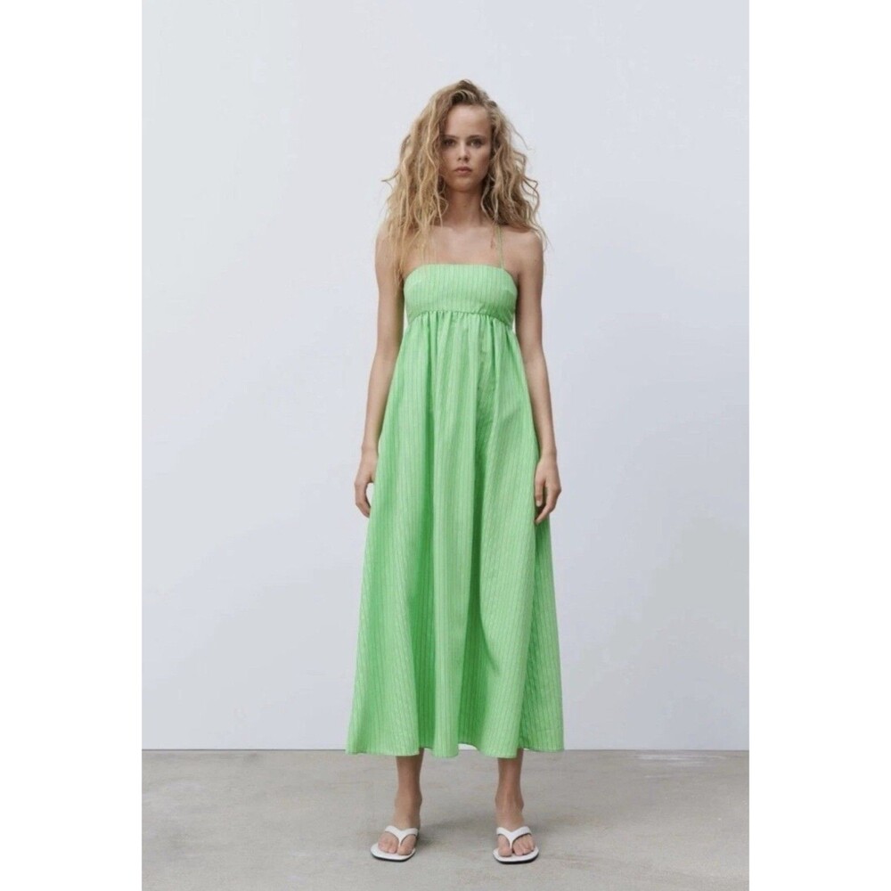 Zara Maxi Dress Sz Large Green Striped Sundress New NWT Sleeveless Tie Back